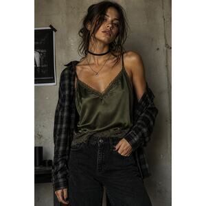 Who What Wear Olive Green Satin Camisole XS Lace Trim Spaghetti Strap Tank Top
